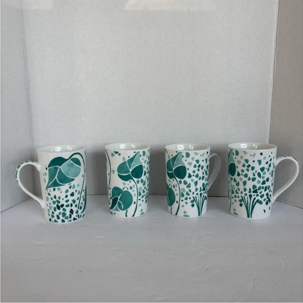 LULU DK Hydrangea Coffee Mug Cup TealColor Set of 4 Made In China